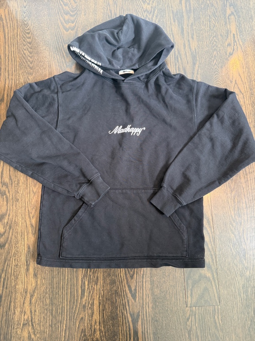 Madhappy Black Pullover Hoodie with Script Logo and stitching on hood